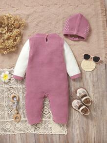 Baby Girl 2pcs/Set Dreamy Pink Sweater Jumpsuit With Elegant Crew Neck Long Sleeves, Fashionable 2 In 1 Design Winter Clothes With Bow Decor, Comfortable Long Jumpsuit With Matching Hat For Cute Outfit