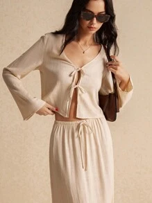 SHEIN Frenchy Bộ 2 chiếc Váy dài tay đơn giản có dây buộc màu trơn tối giản dành cho nữ - Màu be - Xem 1