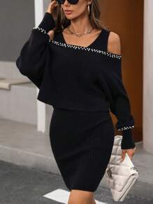 GENKIRA 1set Off-Shoulder Long Sleeve Beaded Sweater And Suspender Sweater Mini Skirt 2pcs - Black - View 6