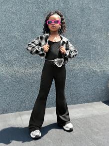 SHEIN Tween 女童休闲针织连体裤和格子纽扣衬衫 2 件套，母女配套服装（2 套单独出售） - 黑與白 - 查看 1