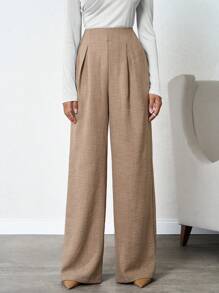 SHEIN Tall 100%Cotton Tall Women's Linen Beige Wide Leg Pants - Beige - View 4