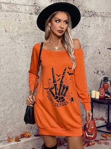 SHEIN LUNE Halloween Off Shoulder Mini Dress Women Horror Season Skeleton Print Autumn Tops & Dress
