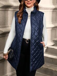SHEIN Clasi Plus Size Front Zipper Long Sleeve Leopard Print Pocket Casual Padded Coat For Autumn And Winter Fall - Navy Blue - View 1
