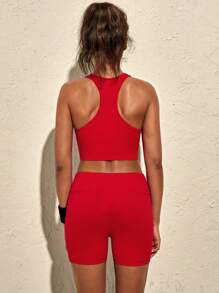 VARSITIE Halter Tank Top And Twisted Shorts Seamless Women Sports Sets - Red - View 2