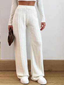 RueChic Cable Twist Pattern Sweater And Straight Pants Set For Autumn And Winter - Beige - View 5