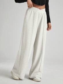 SHEIN Essnce Plush Plush Warm Black V-Waist Elastic Pants Plush Pants For Women Solid Color Asymmetric Waist Toothpick Striped Wide-Leg Loose Pants