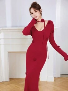 EastFlair 秋冬女士红色 3D 花卉点缀优雅派对圣诞毛衣连衣裙、节日装扮、圣诞礼物指南、派对季节装扮 - 紅色 - 查看 7