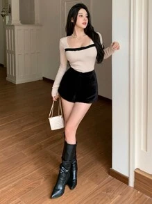 DAZY Áo len dài tay ôm sát màu sắc cho nữ, Áo dài tay, Quần áo mùa thu cho nữ - Đen và trắng - Xem 7