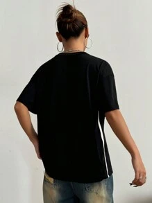 StreetHx Casual Style Printed Side Seam Contrasting Striped Loose Short Sleeve Crew Neck T-Shirt - Black - View 3