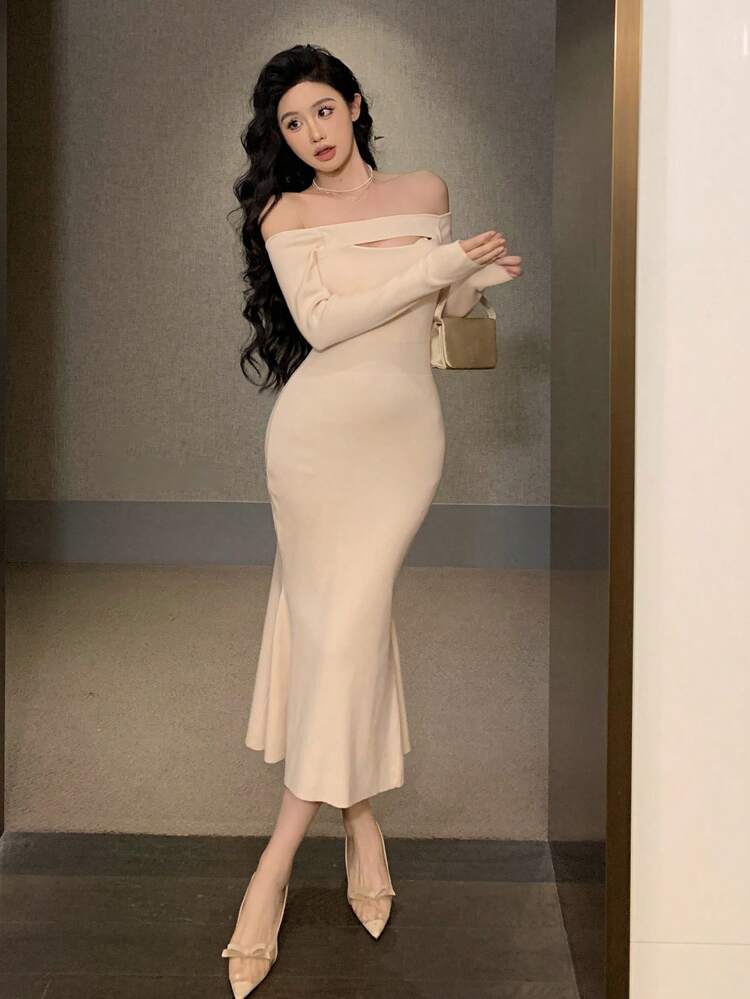 Women Off-Shoulder Long Sleeve Cutout Fishtail Hem Elegant Sweater Dress, Autumn/Winter Prom Dress,Fall Women Clothes