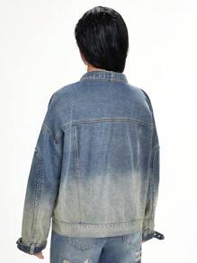 ROMWE Grunge Punk Women's Drop Shoulder Long Sleeve Loose Distressed Denim Jacket