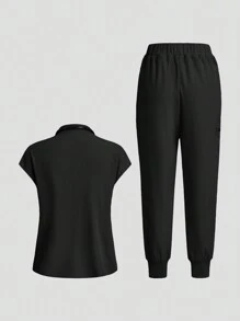 TaskEZ Conjunto de uniforme de pantalón y top de manga corta de unicolor - Negro - Ver 2