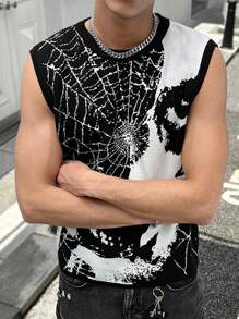 Manfinity Roghcode 男士时尚蜘蛛网图案针织毛衣背心，春秋骷髅毛衣 - 黑與白 - 查看 4