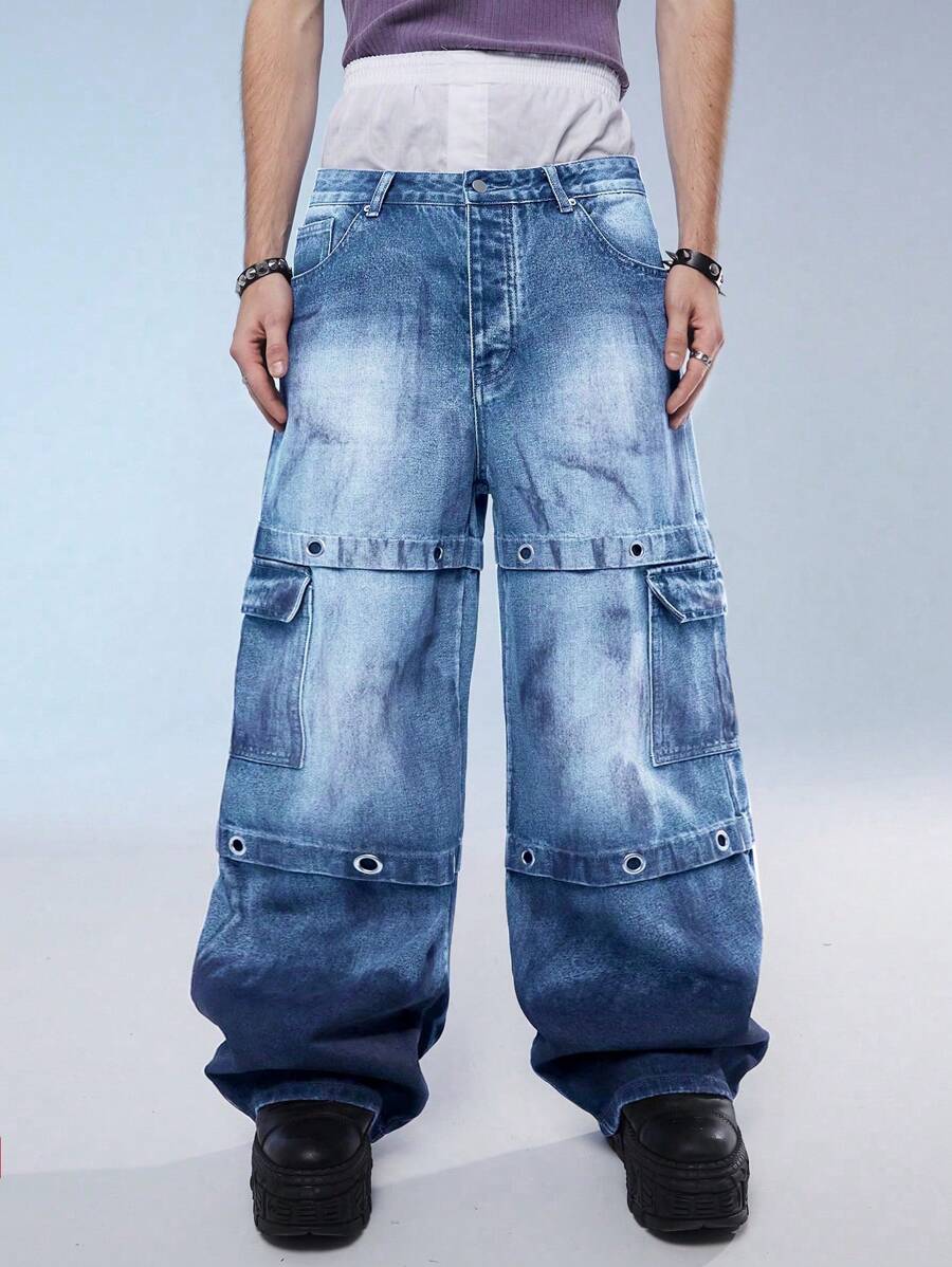 Manfinity Roghcode Quần Jeans Denim Thường Ngày Có Túi Và Nút Cho Nam - Rửa nhẹ - Xem 1