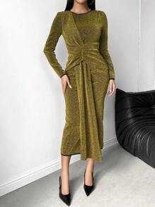 Chiquease 优雅迷人皱褶长袖连衣裙 - 金色 - 查看 3