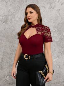 SHEIN Clasi Camiseta elegante de encaje y tejido de punto para talla grande en verano