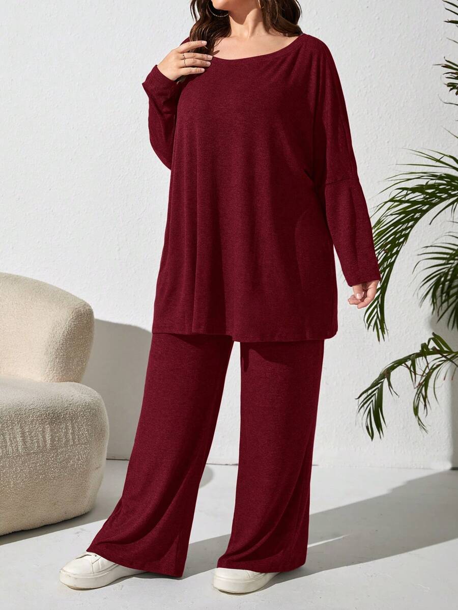 EMERY ROSE Plus Size Women's Solid Color Batwing Sleeve Top And Pants Casual 2 Pieces Set, Spring Summer - Burgundy - View 1