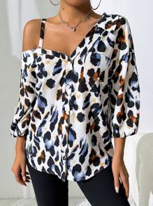 SHEIN Essnce 女式春秋豹纹新款时尚街头风格休闲不对称肩上衣