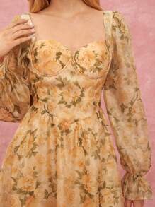 Enchnt Women's Floral Print Sweetheart Neck Long Sleeve Multi-Layered Lotus Leaves Dress,Beige Autumn Cottage Core Tea Party Fall Winter Clothing Dresses - Yellow - View 2