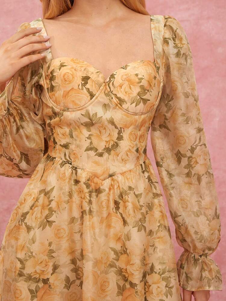 Fall Winter Women's Floral Print Sweetheart Neck Long Sleeve Multi-Layered Lotus Leaves Dress,Winter  Dresses,Fall Women Clothes,Fall Winter  Women's Clothing