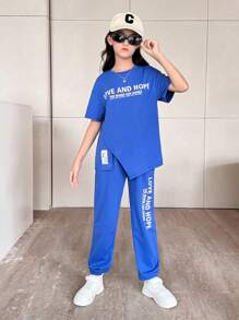 Tween Girl 休闲街头风格针织圆领短袖 T 恤和抽绳裤套装 - 寶藍色 - 查看 4