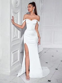 ADYCE Off-The-Shoulder Heart Neckline Ruffle Front Slit Backless Cocktail Maxi Dress - White - View 1