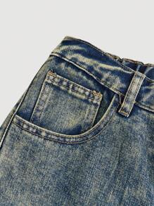 SHEIN 少女纯色口袋纽扣细节休闲牛仔裤 - 深色水洗藍 - 查看 4