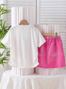 2 件套 Tween 女童夏季休闲蝴蝶贴花上衣和裙子套装 - 粉色 - 查看 2