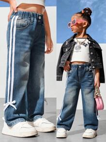 SHEIN Explorewe Young Girl Distressed Jeans With Contrast Stitches & Side Bands - Medium Wash - View 1