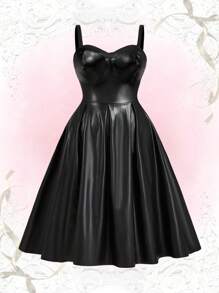 Sweetra 加大码无袖可调节绑带 A 字形松紧腰连衣裙，适合冬季 PU 皮革女装 - 黑色 - 查看 1