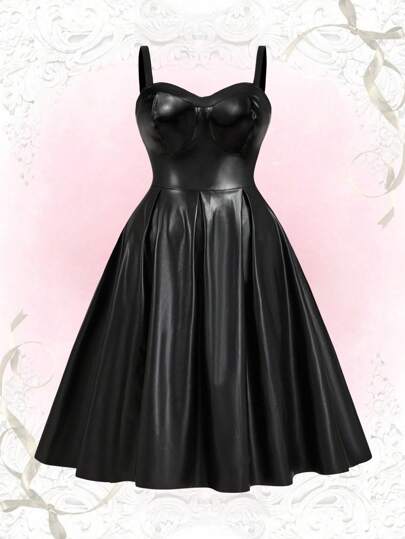 Sweetra Vestido de línea A con cintura elástica, de tirantes ajustables y sin mangas para tallas grandes, conjunto de invierno de PU para mujer