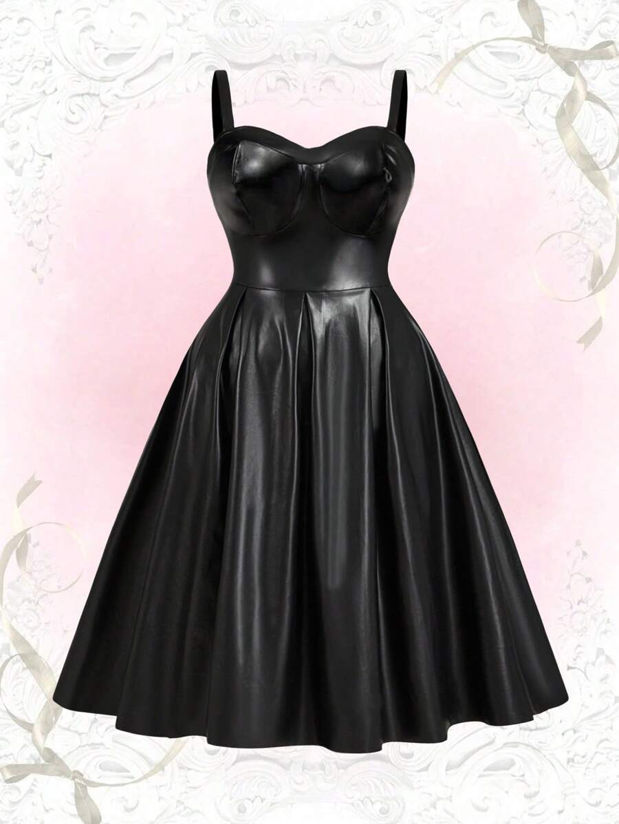 Sweetra 加大码无袖可调节绑带 A 字形松紧腰连衣裙，适合冬季 PU 皮革女装 - 黑色 - 查看 1