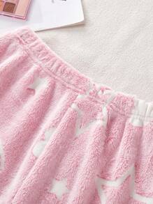 Women's Heart & Star Jacquard Fleece Fluffy Sleep Pants, Thick Winter, For Fall Winter, Cozy - Baby Pink - View 5