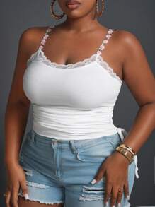 Slaydiva Plus Size Eenvoudig Camisole Topje Met Trekkoord, Bloemenversiering, Wit, Zomer