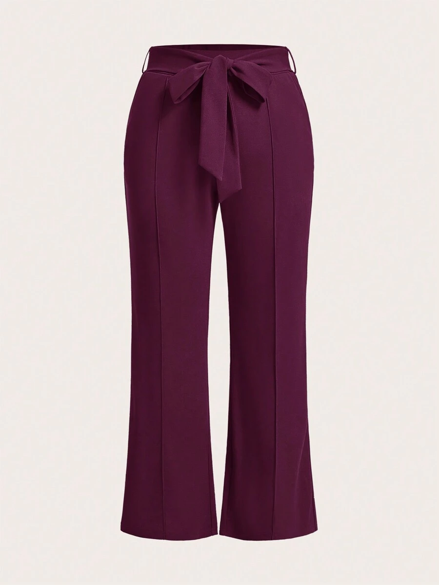 SHEIN Clasi Plus Size Solid Color Belted Flared Leg Pants - Rose Red - View 1