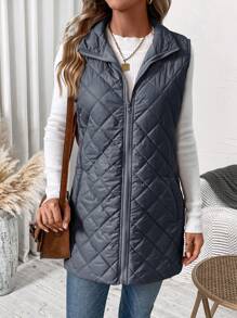 SHEIN Clasi Plus Size Casual Quilted Zip-Up Padded Coat, Suitable For Winter Fall Autumn - Dusty Blue - View 4