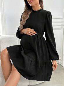 SHEIN Maternity Elegant Green Long Formal Dress With Lantern Sleeves And Side Slit, Fitted Maxi Pregnancy Dress