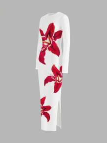 SHEIN EZwear Casual Minimalist Lily Floral Print Crew Neck Long Sleeve Bodycon Long Dress, Suitable For Spring & Autumn Chic Dress - White - View 6