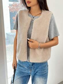 SHEIN EZwear Abrigo sin mangas esponjoso de color liso para damas
