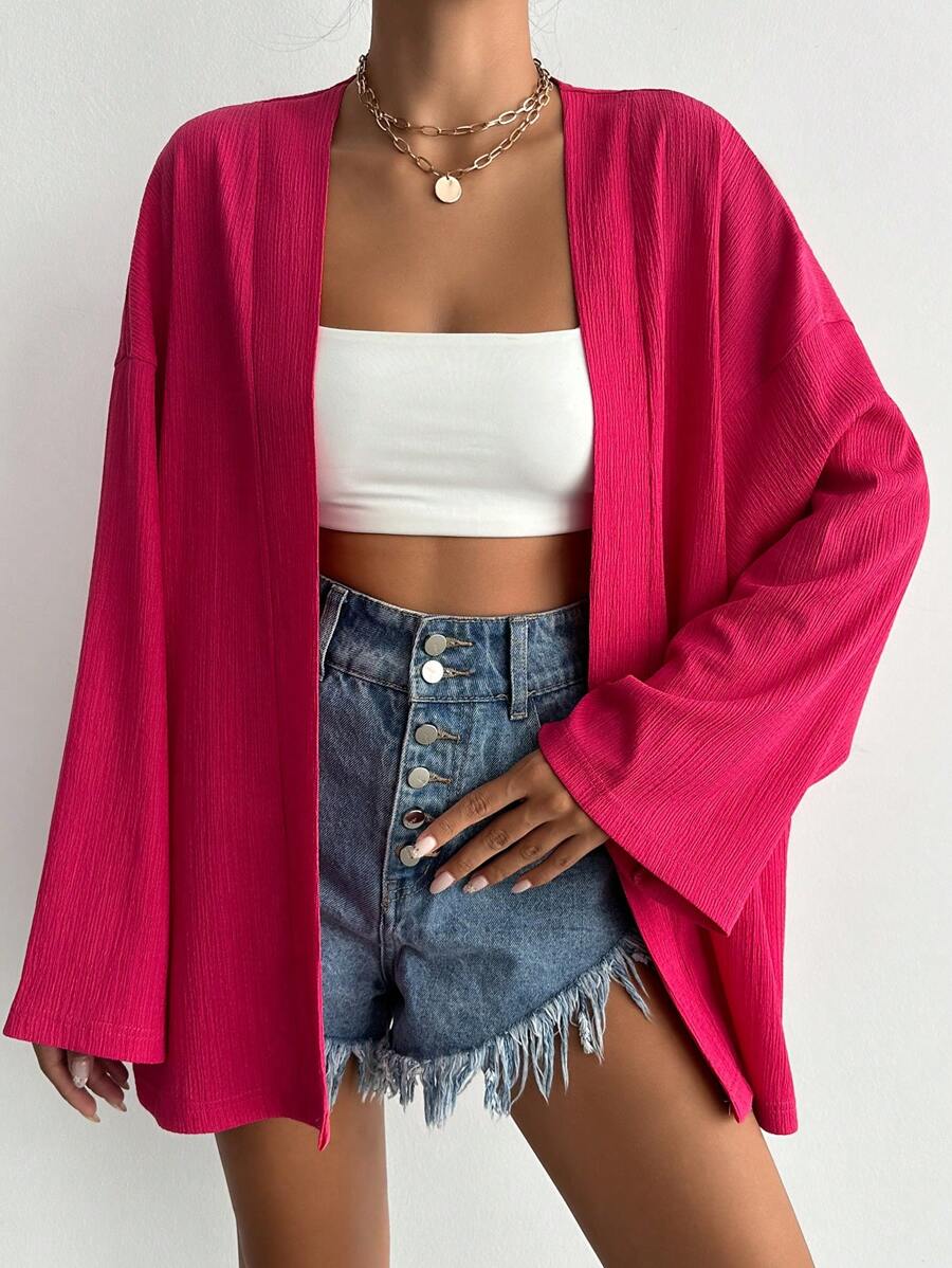 RueChic 女士编织长袖纯色宽松休闲和服罩衫，适合夏季海滩度假 - 粉色 - 查看 1
