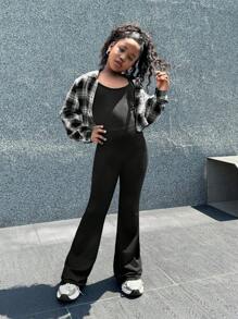 SHEIN Tween 女童休闲针织连体裤和格子纽扣衬衫 2 件套，母女配套服装（2 套单独出售） - 黑與白 - 查看 5