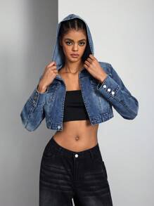 Áo khoác hoodie denim nữ, mùa xuân và mùa thu - Rửa trung bình - Xem 5