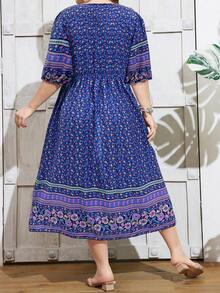SHEIN Holidaya Plus Size V-Neck Ditsy Floral Casual Holiday Short Sleeve Dress - Blue - View 2