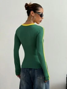 StreetHx 街头风格女式 V 领撞色巴西印花长袖休闲 T 恤图案 T 恤女式上衣，适合春季服装