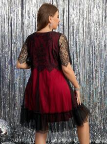 SHEIN Clasi Plus Size Zwarte Kant Contrast Mesh Elegante Zomerjurk