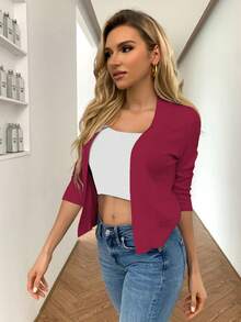 Pariaura 女士纯色短袖开衫 - 酒紅色 - 查看 4