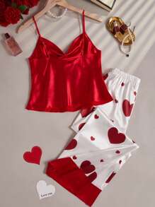 SHEIN 2件套丝质吊带背心，带结和心形印花阔腿裤睡衣套装 - 紅色 - 查看 2