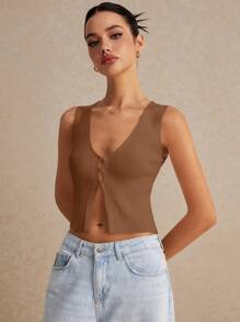 Poéselle Women's Chic Summer Knit Top,All Shades Of Brown V Neck Sleeveless Tank Top For Night Out,Open Placket Vest With Asymmetric Slit Hem Holiday Cardigan - Brown - View 6