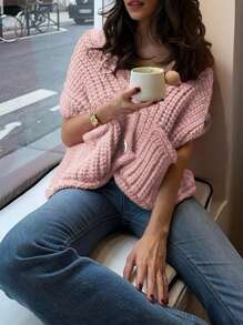 SHEIN EZwear Women Casual Solid Color Sweater Vest For Spring And Autumn - Pink - View 3