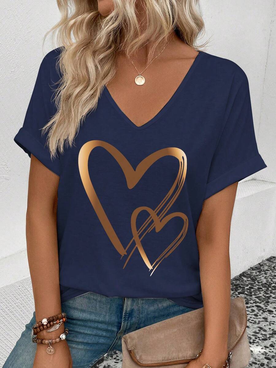 EMERY ROSE 女士休闲 V 领喇叭袖口爱心图案 T 恤，夏季图案 T 恤女式上衣 - 藏蓝色 - 查看 1